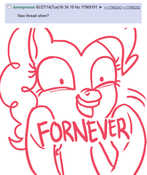 Size: 500x595 | Tagged: safe, artist:mcponyponypony, pinkie pie, g4, /mlp/, 4chan, 4chan screencap, female, forever, fornever, monochrome, never, one word, reply, scrunchy face, solo, wat