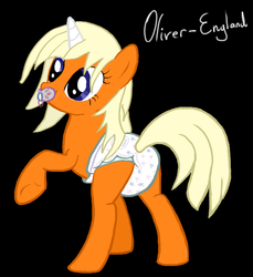 Size: 600x655 | Tagged: safe, artist:oliver-england, oc, oc only, oc:dreamsicle, pony, unicorn, adult foal, diaper, female, horn, mare, non-baby in diaper, pacifier, raised hoof, solo, unicorn oc