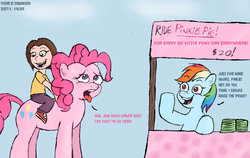 Size: 1586x1000 | Tagged: safe, artist:scobionicle99, pinkie pie, rainbow dash, human, g4, capitalism, humans riding ponies, pinkiebuse, rainbow douche, riding, riding a pony, sweat, tired