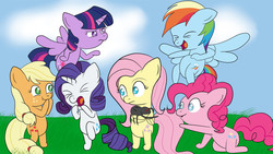 Size: 1920x1080 | Tagged: safe, artist:schizophrenicghost, applejack, fluttershy, pinkie pie, rainbow dash, rarity, twilight sparkle, alicorn, pony, spider, g4, arachnophobia, bipedal, female, laughing, mane six, mare, twilight sparkle (alicorn)