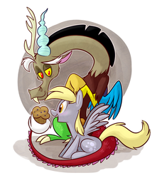 Size: 1151x1300 | Tagged: safe, artist:thedoggygal, derpy hooves, discord, draconequus, pegasus, pony, g4, duo, duo male and female, female, friendshipping, male, mare, muffin