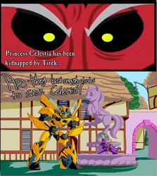 Size: 857x960 | Tagged: safe, lord tirek, spike, g4, bad dudes, bumblebee (transformers), crossover, exploitable meme, meme, reference, tirek vs everyone meme, transformers, transformers prime