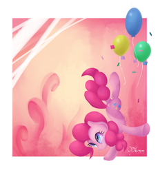 Size: 1650x1777 | Tagged: safe, artist:opticspectrum, pinkie pie, earth pony, pony, g4, balancing, balloon, confetti, female, solo, standing, standing on one leg