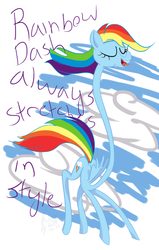 Size: 500x787 | Tagged: safe, artist:mylittlebadzerg, rainbow dash, g4, elastic, lanky, long dash, long pony, rainbow dash always dresses in style, skinny, stretchy, thin, wat