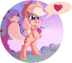 Size: 4449x3932 | Tagged: safe, artist:discorded, applejack, earth pony, pony, g4, apple, bipedal, eating, female, heart, solo, that pony sure does love apples, tree, unshorn fetlocks