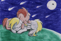 Size: 4023x2738 | Tagged: safe, artist:vickycupcake, derpy hooves, doctor whooves, princess luna, time turner, pegasus, pony, g4, female, male, mare, ship:doctorderpy, shipping, sleeping, straight, traditional art