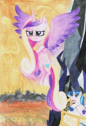 Size: 3254x4789 | Tagged: safe, artist:vickycupcake, princess cadance, shining armor, g4, crossed hooves, epic wife tossing, fastball special, frown, glare, scene interpretation, spread wings, traditional art, unamused