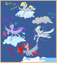 Size: 1779x1963 | Tagged: dead source, safe, artist:matrosha123, derpy hooves, flutter doo, frosty dew, ski doo, bird, blue jay, pegasus, pony, g4, background pony, blue background, cloud, cloudy, cutie mark, female, flying, letter, lying down, lying on a cloud, mail, mare, mouth hold, on a cloud, open mouth, raised hoof, recolor, shovel, simple background, sisters, snow, standing, teeth