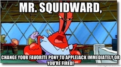 Size: 400x222 | Tagged: safe, screencap, applejack, g4, barely pony related, employee of the month, fred (spongebob squarepants), male, meme, mr. krabs, spongebob squarepants, squidward tentacles