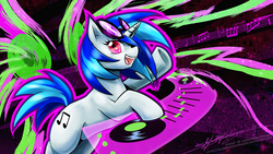 Size: 1600x900 | Tagged: safe, artist:slifertheskydragon, dj pon-3, vinyl scratch, pony, unicorn, g4, disc jockey, female, looking at you, music, music notes, open mouth, psychedelic, solo, turntable, wallpaper