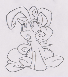 Size: 438x500 | Tagged: safe, artist:dfectivedvice, pinkie pie, g4, female, grayscale, monochrome, sketch, solo, traditional art, underhoof