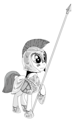 Size: 720x1200 | Tagged: safe, artist:php104, pony, lineart, monochrome, soldier pony, solo, spear, weapon
