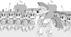 Size: 2764x1456 | Tagged: safe, artist:php104, pegasus, pony, unicorn, armor, hoplite, lineart, monochrome, soldier pony, spear