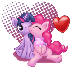 Size: 948x902 | Tagged: safe, artist:metax-z, pinkie pie, twilight sparkle, alicorn, pony, g4, balloon, cotton candy, cute, diapinkes, eyes closed, female, food, heart, heart balloon, lesbian, mare, nuzzling, ship:twinkie, shipping, sitting, smiling, twiabetes, twilight sparkle (alicorn), twinkiebetes, underhoof, wink