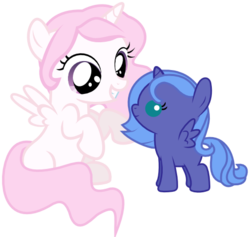 Size: 630x596 | Tagged: safe, artist:lightningbolt, derpibooru exclusive, princess celestia, princess luna, pony, g4, baby, baby pony, duo, filly, foal, pink hair, pink-mane celestia, show accurate, simple background, svg, transparent background, woona, young, younger
