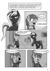 Size: 2471x3508 | Tagged: safe, artist:darksittich, oc, oc only, oc:littlepip, oc:velvet remedy, pony, unicorn, fallout equestria, black and white, clothes, comic, fanfic, fanfic art, female, grayscale, high res, horn, jumpsuit, mare, monochrome, pipbuck, stable (vault), stable 2, vault, vault suit