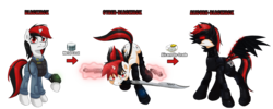 Size: 3000x1200 | Tagged: safe, artist:darksittich, oc, oc only, oc:blackjack, alicorn, cyborg, pony, unicorn, fallout equestria, fallout equestria: project horizons, amputee, cybernetic legs, evolution, evolution chart, metal coat, red and black oc, up grade, upgrade