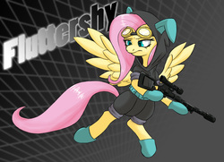 Size: 1269x920 | Tagged: safe, artist:darksittich, fluttershy, pegasus, pony, g4, abstract background, bunny ears, clothes, dangerous mission outfit, female, flutterbadass, flying, goggles, gun, hoodie, hooves, mare, optical sight, rifle, sniper, sniper rifle, solo, spread wings, text, weapon, wings
