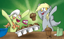 Size: 1050x639 | Tagged: safe, artist:jorobro, derpy hooves, granny smith, pegasus, pony, g4, apple muffin, derp, false teeth, female, gold tooth, mare, muffin