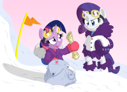 Size: 1920x1400 | Tagged: safe, artist:dfectivedvice, artist:xhazxmatx, rarity, twilight sparkle, pony, g4, backpack, bipedal, clothes, colored, flag, goggles, map, mountain climbing, snow, winter outfit