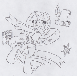 Size: 663x659 | Tagged: safe, artist:dfectivedvice, twilight sparkle, g4, female, grayscale, monochrome, old banner, one word, sketch, solo, traditional art