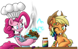 Size: 725x456 | Tagged: dead source, safe, artist:dfectivedvice, applejack, pinkie pie, g4, apron, baked bads, baking, chef's hat, clothes, colored, hat, pun, table, zap apple jam