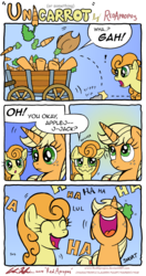 Size: 3427x6468 | Tagged: safe, artist:redapropos, applejack, carrot top, golden harvest, earth pony, pony, unicorn, g4, absurd resolution, carrot, cart, comic, fake horn, food, laughing, nose in the air, silly, silly pony, tripping, who's a silly pony