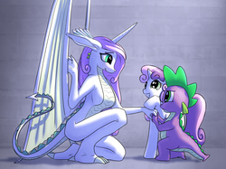 Size: 1800x1345 | Tagged: safe, artist:thatkirinartist, derpibooru exclusive, spike, sweetie belle, oc, oc:seraphi, dracony, dragon, hybrid, g4, anthro dragon, eye contact, female, grin, interspecies offspring, kneeling, male, offspring, parent:spike, parent:sweetie belle, parents:spikebelle, ship:spikebelle, shipping, smiling, sparkles, story included, straight