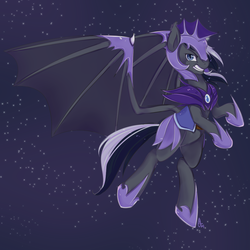 Size: 1024x1024 | Tagged: safe, artist:omgproductions, oc, oc only, bat pony, pony, armor, bat pony oc, bat wings, flying, hoof shoes, looking at you, night, night guard, night sky, signature, sky, slit pupils, solo, starry night, wing claws, wings