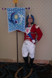 Size: 1728x2592 | Tagged: safe, artist:thelordcommander, shining armor, human, trotcon, g4, 2013, convention, cosplay, defictionalization, flag of equestria, hanging banner, irl, irl human, photo, solo
