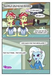 Size: 1274x1876 | Tagged: safe, artist:mr-samson, flam, flim, trixie, equestria girls, g4, my little pony equestria girls: rainbow rocks, alicorn amulet, comic, flim flam brothers, here we go again, this will end in tears