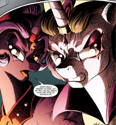 Size: 1386x1490 | Tagged: safe, artist:andy price, idw, princess celestia, princess luna, alicorn, pony, g4, reflections, spoiler:comic, spoiler:comic19, angry, dialogue, evil celestia, evil counterpart, evil luna, evil sisters, gritted teeth, growling, mirror universe, open mouth