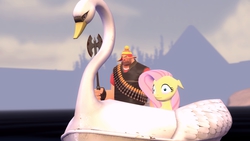 Size: 1366x768 | Tagged: safe, artist:fezwearingdoctor, fluttershy, g4, 3d, angry, axe, boat, gmod, heavy (tf2), lake, scared, swan boat, team fortress 2, waifu