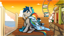 Size: 1600x900 | Tagged: safe, artist:renciel, rainbow dash, soarin', oc, oc:swift flying, g4, blushing, plushie