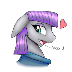 Size: 1200x1200 | Tagged: safe, artist:tipsie, maud pie, earth pony, pony, g4, cute, dialogue, female, floppy ears, heart, looking at you, mare, open mouth, portrait, profile, rock, simple background, smiling, solo, transparent background, when she smiles