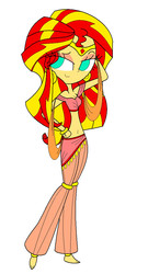 Size: 588x1087 | Tagged: safe, artist:annasabi101, sunset shimmer, genie, equestria girls, g4, barefoot, bedroom eyes, belly button, belly dancer, belly dancer outfit, bracelet, ear piercing, earring, eyelashes, eyeshadow, feet, female, geniefied, hand on hip, harem outfit, hooped earrings, humanized, jewelry, looking at you, makeup, midriff, piercing, simple background, solo, tiara, white background