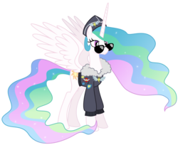 Size: 6000x4900 | Tagged: safe, artist:magister39, commander easy glider, princess celestia, alicorn, pony, g4, absurd resolution, ancient wonderbolts uniform, clothes, costume, female, mare, simple background, solo, spread wings, transparent background, uniform, vector, wings