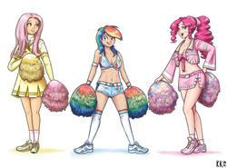Size: 1280x945 | Tagged: safe, artist:king-kakapo, fluttershy, pinkie pie, rainbow dash, human, g4, abs, bedroom eyes, belly button, bikini top, breasts, cheerleader, clothes, eyes on the prize, female, front knot midriff, get, grin, humanized, index get, kneesocks, licking lips, midriff, miniskirt, open mouth, pom pom, ponytail, shorts, skirt, smiling, sneakers, socks, thigh highs, tongue out, trio