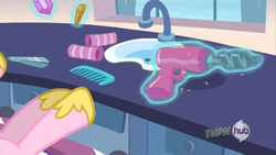 Size: 1280x720 | Tagged: safe, screencap, princess cadance, g4, games ponies play, comb, drill, female, hair curlers, hub logo, out of context, power tools, scissors, solo
