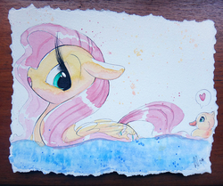 Size: 958x800 | Tagged: safe, artist:prettypinkpony, fluttershy, pegasus, pony, g4, duckling, female, heart, long eyelashes, looking back, solo, traditional art, water
