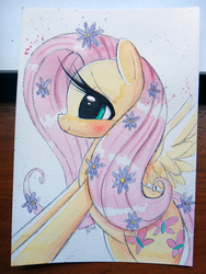 Size: 794x1058 | Tagged: safe, artist:prettypinkpony, fluttershy, pegasus, pony, g4, female, flower in hair, impossibly long eyelashes, long eyelashes, smiling, solo, traditional art