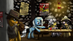 Size: 1600x900 | Tagged: safe, artist:evil-dec0y, cheese sandwich, daring do, discord, lord tirek, trixie, zecora, zebra, g4, my little pony: friendship is magic, twilight's kingdom, bad end, bunker, clothes, exploitable meme, fedora, hat, lord tirek's outstretched arms, meme, poncho, resistance