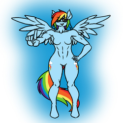 Size: 720x720 | Tagged: safe, artist:lurking tyger, rainbow dash, anthro, unguligrade anthro, g4, barbie doll anatomy, breasts, featureless breasts, female, nudity, solo