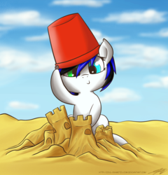 Size: 2232x2329 | Tagged: safe, artist:zortail, oc, oc only, beach, heterochromia, high res, sand, sandcastle, solo