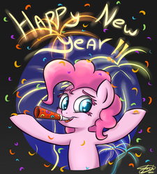 Size: 900x1000 | Tagged: dead source, safe, artist:zortail, pinkie pie, g4, colored eyelashes, confetti, female, happy new year, holiday, new year, party horn, signature, solo