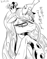 Size: 867x1079 | Tagged: safe, artist:nekubi, queen chrysalis, changeling, changeling queen, g4, fangs, female, glasses, japanese, looking at you, monochrome, solo