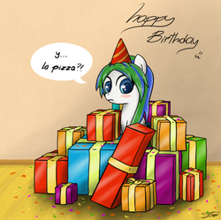 Size: 547x545 | Tagged: safe, artist:zortail, oc, oc only, birthday, present, solo, spanish