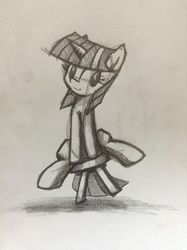 Size: 581x778 | Tagged: artist needed, safe, twilight sparkle, pony, unicorn, g4, cute, female, grayscale, horn, monochrome, pencil drawing, rocking, sitting, smiling, solo, stool, traditional art