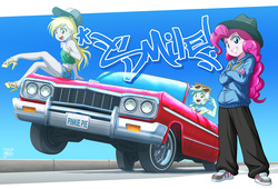 Size: 1132x770 | Tagged: safe, artist:uotapo, derpy hooves, lyra heartstrings, pinkie pie, human, equestria girls, g4, bracelet, car, chevrolet, chevrolet impala, clothes, female, glasses, grin, hat, high heels, legs, looking at you, lowrider, midriff, open mouth, rapper pie, shoes, shorts, sky, smiling, stupid sexy derpy, sunglasses, tubetop