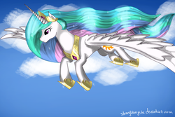 Size: 1024x683 | Tagged: safe, artist:silverglitterglide, princess celestia, g4, female, flying, solo, spread wings